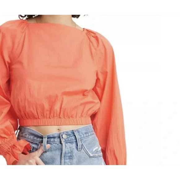 Levi's Daphne Orange‎ Elastic Waist Blouse With Puff Sleeves 99% Cotton XXL #34 - Picture 1 of 12